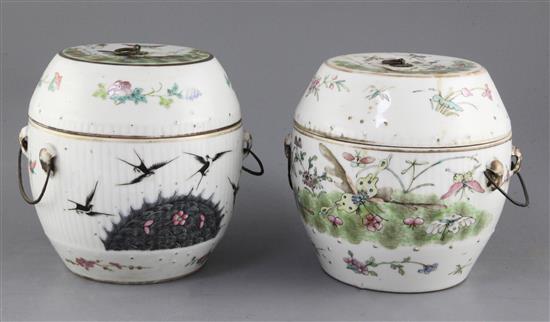 A pair of Chinese Straits porcelain famille rose barrel shaped jars and covers, early 20th century, height 17.7cm